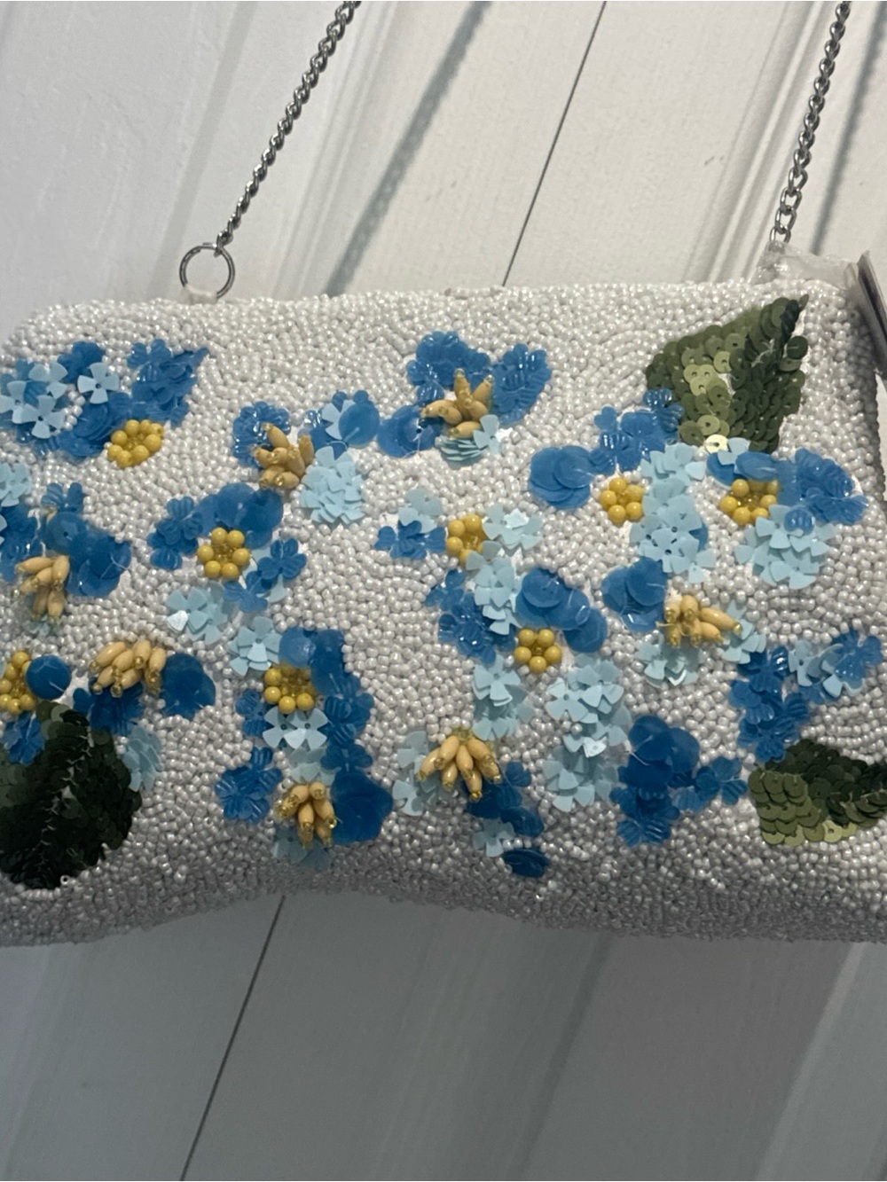 Beaded Floral Shoulder Bag in White, Blue and Yellow